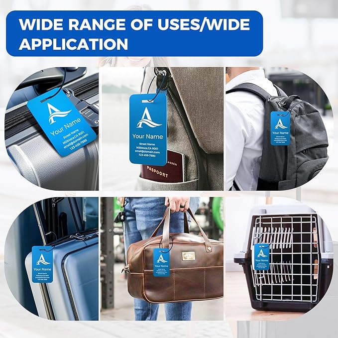 Personalized Luggage Tags, Custom Luggage Tags 4 Pack TSA Approved Double Sided Laser Engraving, Metal Luggage Tag for Suitcases with Stainless Loops, Name Tag for Bags, Backpacks (Blue)