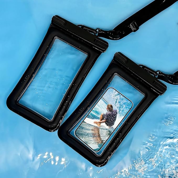IPX8 Floating Waterproof Phone Case 2-Pack, 7.2 Inch Waterproof Phone Pouch for iPhone 16/15/14 Pro Max Galaxy S24/S23 Adjustable Lanyard + Wrist Strap Beach Swimming Travel Essentials Black