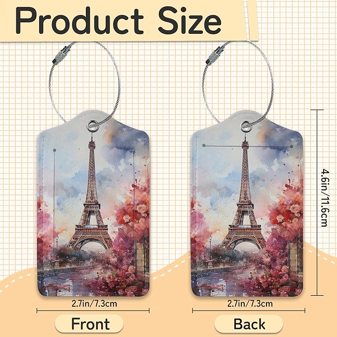 3 Pack Eiffel Tower Luggage Tags for Suitcases, Paris Cute Leather Name Tag with Privacy Cover with Stainless Steel Loops, Travel ID Bag Tags for Women Men