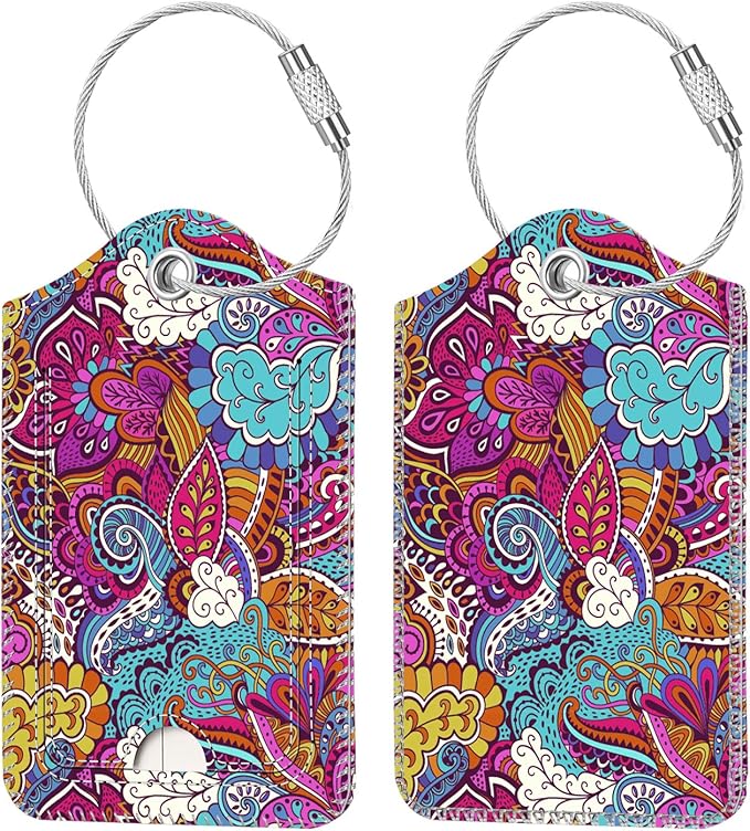 Fintie Luggage Tags, Privacy Cover ID Label with Stainless Steel Loop and Address Card for Travel Bag Suitcase, Peacock Flower (2 Piece)
