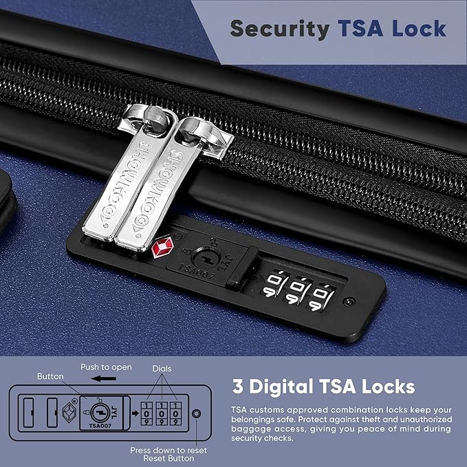 SHOWKOO Luggage Sets 3 Piece 100% PC Ultra Tough Hardside Expandable Suitcases Sets with TSA Lock Double Spinner Wheels (20in/24in/28in, Blue