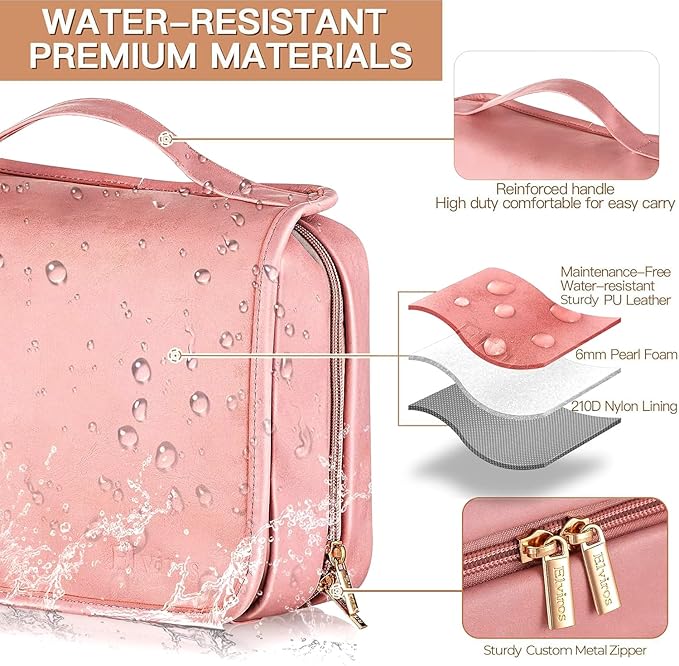 Elviros Hanging Travel Toiletry Bag for Women, 3-in-1 Large Makeup Bag and Cosmetic Organizer, Vegan Leather Waterproof Skincare Case for Travel Size Toiletries and Accessories