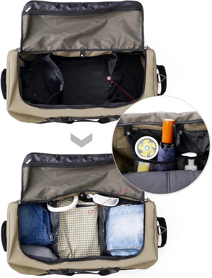 CONTAIL 32”110L Expandable 140L Rolling Duffle Bag with 2 Inline Wheels,Convertible Weekend Travel Bag with Bungee-Cord System,Army Green
