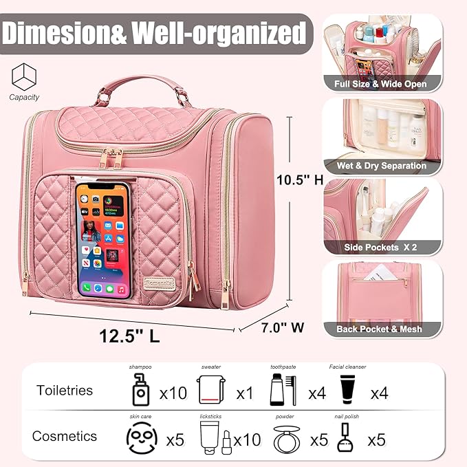 Travel Toiletry Bag for Women, Hanging Toiletry Bag, Bathroom Bag Portable Shower Caddy for College Dorm Travel Shower Bag for Women Water-Resistant Cosmetic Makeup Bag (Pink)