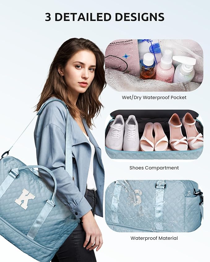 Personalized Gifts-Girls Duffle Bag with Shoe Compartment, Personalized Weekender Bag, Monogram Overnight Bag, Letter Travel Bag with Makeup Bag，Birthday Gift For Women Girl (Letter L)
