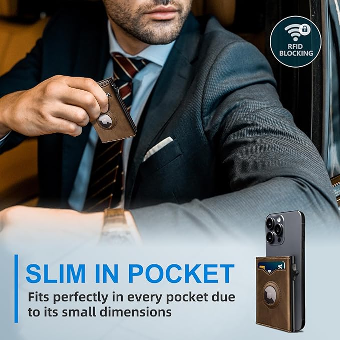 Airtag Wallet for Men,with Cash Pocket 2 ID Window 9-12 Cards,Metal Case Smart Slim Pop Up Credit Card Holder Flip with Magnetic Closure RFID Blocking Trifold wallet with Gift Box