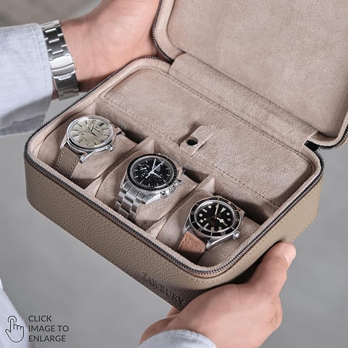 TAWBURY Luxury Leather Watch Box - Unisex Travel Case With Zipper Closure | Taupe Top-Grain Genuine Leather Roll | 3 Watch Carrying Case for Men
