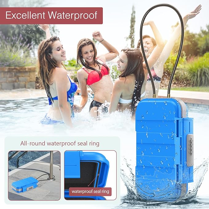 LOFICOPER Portable Safe Box, Portable Security Case, Waterproof Combination Lock Box for Travel, Small Personal Beach Safe with Removable Chain, for Travel, Hotel, Riding, Blue