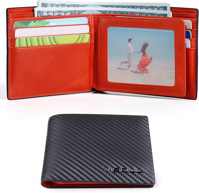 VISOUL Mens Bifold Wallet with 2 ID Windows Carbon Fiber Leather, RFID Blocking Secure Designer Billfold Wallets for Men with Two Cash Compartments (Black+Orange Red)