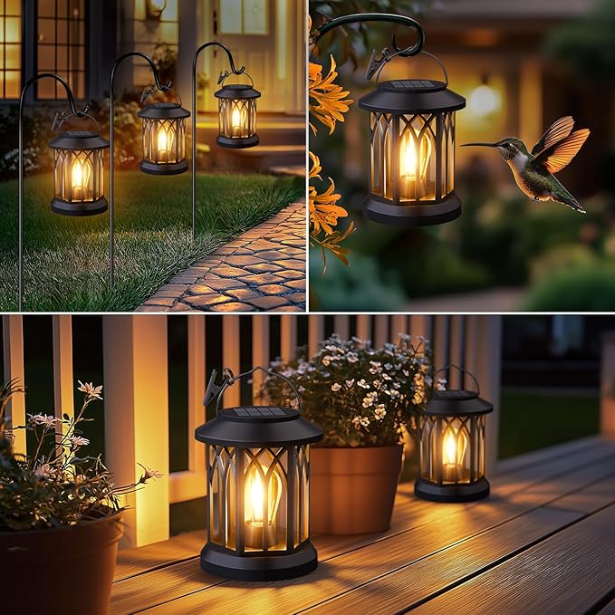 Solar Lanterns Outdoor Waterproof 4-Pack: Hanging Solar Lights for Outside Patio Decor for Garden Bright Black Modern Lanterns Decorative with Clips Gifts for Family Household Newlyweds - Warm Light