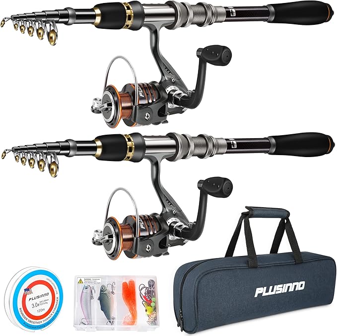 PLUSINNO Fishing Rod, Telescopic Fishing Rod and Reel Combo, Collapsible Travel Fishing Pole Rod Starter Kit, Carbon Fiber Fishing Rods and 12 +1 Bearings Stainless Steel, Fishing Gifts for Men Adults