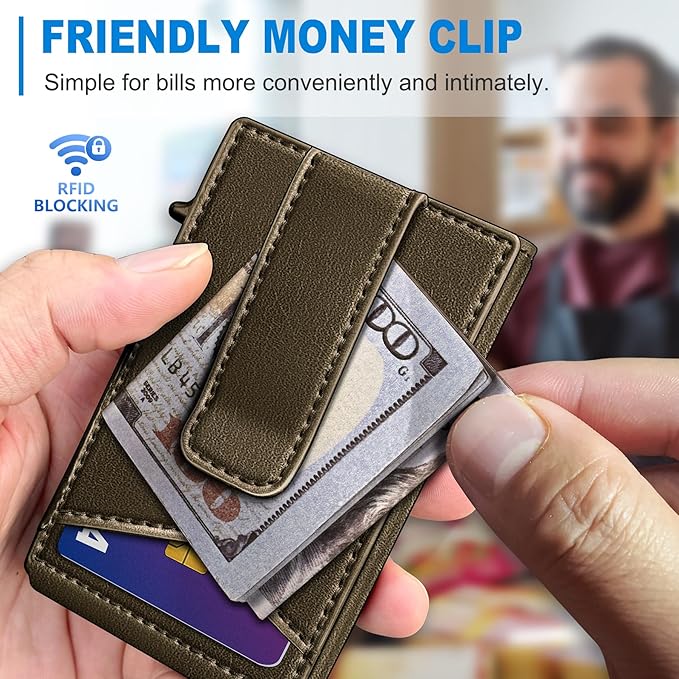 Airtag Wallet for Men,with Money Clip Gift Boxed,Slim Front Pocket Wallet RFID Blocking Metal Case Smart Pop-up Credit Card Holder in Magnetic Leather Flip