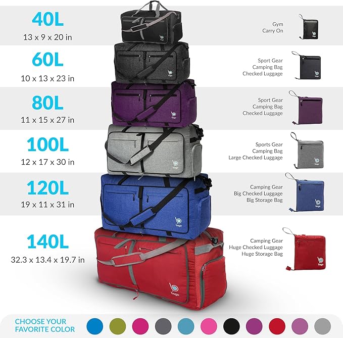 Bago Large Foldable Duffel Bags for Traveling Women & Men - 100L Packable Duffle Bag for Travel with Shoe Compartment - Water Repellant, Heavy Duty, Lightweight Folding & Collapsible (SnowBlack)