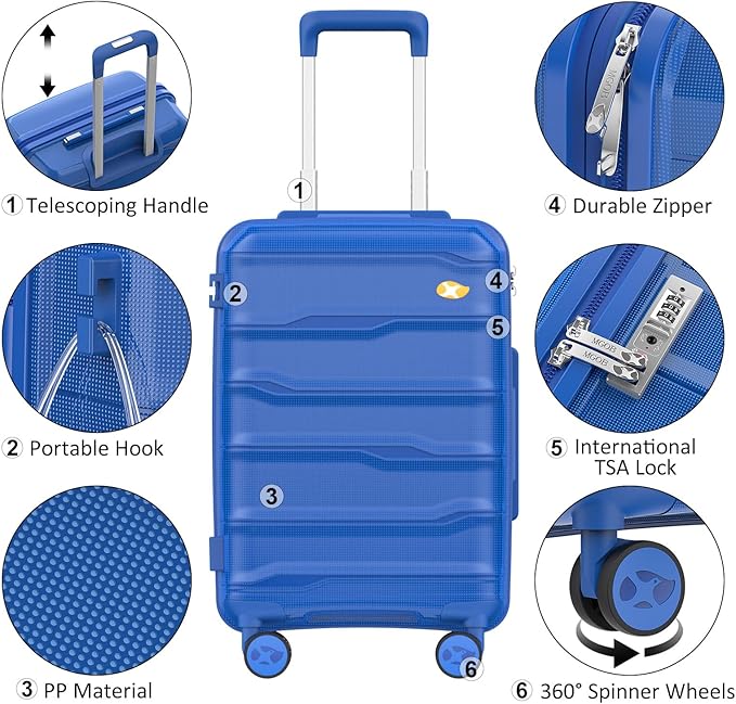 Luggage Sets 3 Piece, Hard Shell Luggage Sets with Spinner Wheels, PP Lightweight & Durable Suitcases with TSA Lock, Hardside Travel Suitcase Sets (20/24/28 inch), Blue