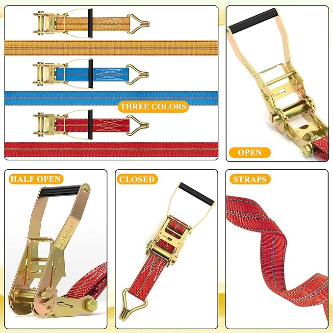 4Pack Heavy Duty Ratchet Straps, 2” 32Ft Ratchet Tie Down Strap, Tie Down Ratcheting with Double J Hook, 4000 LB Break Strength Cargo Straps Ratcheting for Moving Cargo, Lawn Equipment and Motorcycles