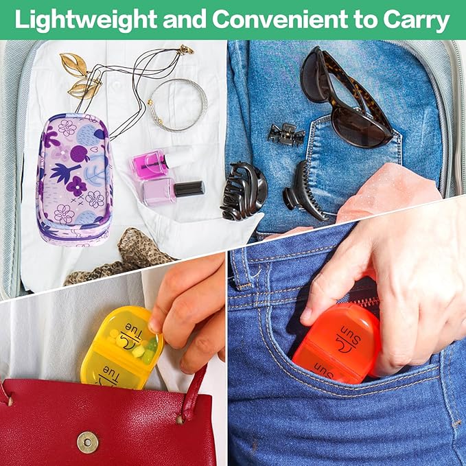 Serfeymi Weekly Travel Pill Organizer 2 Times A Day AM PM Upgraded Rainbow Pill Box 7 Day with Portable Zipper PU Leather Pill Case, Medicine Organizer for Pills, Vitamins, Fish Oils - Purple 02