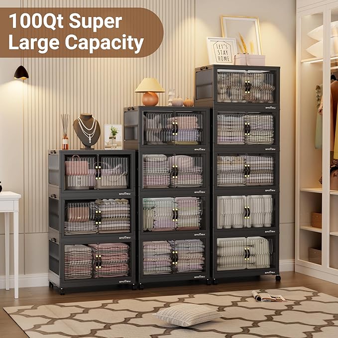 BROVIEW 300Qt Stackable Storage Bins with Lid, Extra Large Closet Organizer Collapsible Drawer Boxes with Wheels, Folding Plastic Cabinet Containers for Home Kitchen Room Organization, 3Pack Black