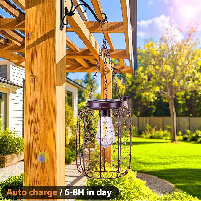 Hanging Solar Lanterns Outdoor Waterproof, Vintage Copper Hanging Lantern Lights for Outside, Solar Chandelier Outdoor Idea for Yard Garden Pathway Gazebo Pergola Porch Decor, 2 Pack