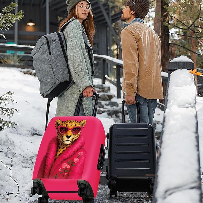 ANNA QUEEN Fashionable Leopard Luggage Cover, Leopard in Pink Coat and Sunglasses, Stretchable, Washable Travel Sleeve for 24-26 Inch Luggage