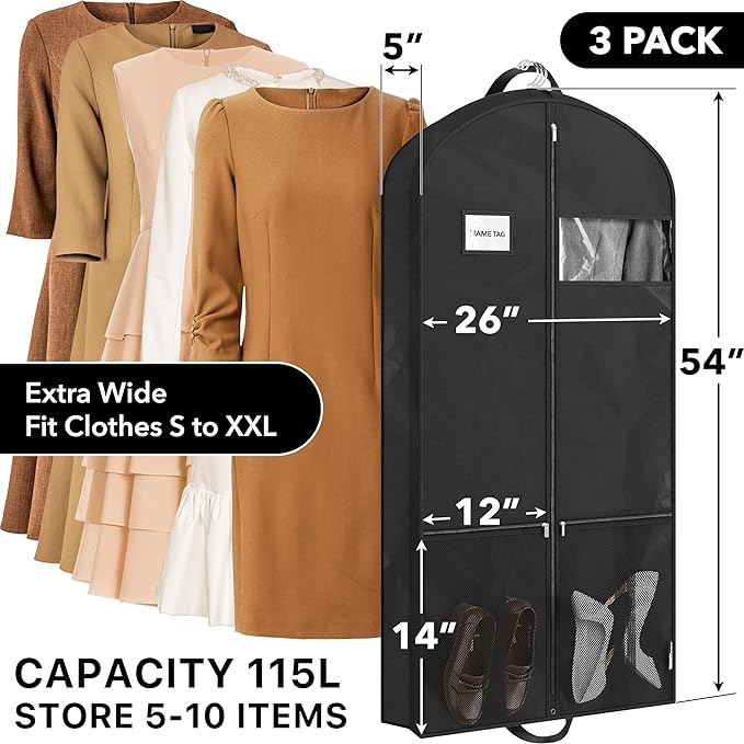 Simple Houseware 54-Inch Travel Garment Bag with Pockets, Non-Woven | Lightweight, Black, 3 Pack
