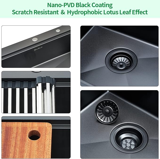 Kitchen Sink, 33 x 22 Drop in Kitchen Sink Gunmetal Black 16 Gauge Stainless Steel Kitchen Sinks Single Bowl Workstation Sink with Cutting Board