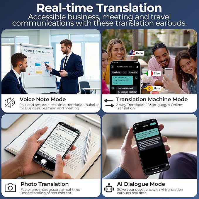 AI Translation Earbuds Real Time 80H Playtime 164 Languages Translator Ear Buds with Glowing Earhook Bluetooth Translating Headphones audifonos traductores inglés español for Travel Business Meeting