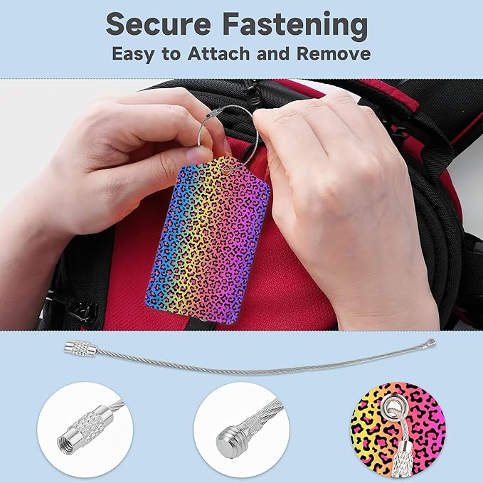 2 Pack Leather Luggage Tag for Suitcase Neon Rainbow Colored Leopard Print Unique Travel Tags with Privacy Cover ID Label & Stainless Steel Loop for Men and Women Baggage