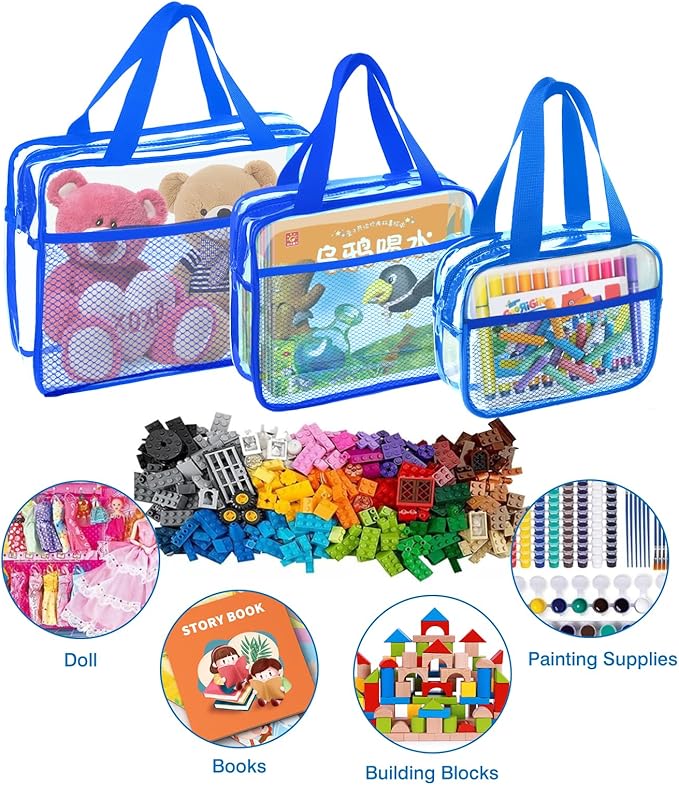 XEWEA Clear Travel Toiletry Bags, 3 Pack TSA Approved Transparent Makeup Bag for Men Women, Large Waterproof PVC Quart Organizer with Zipper for Toiletries Airline Essentials,Toy Storage Pouch Blue