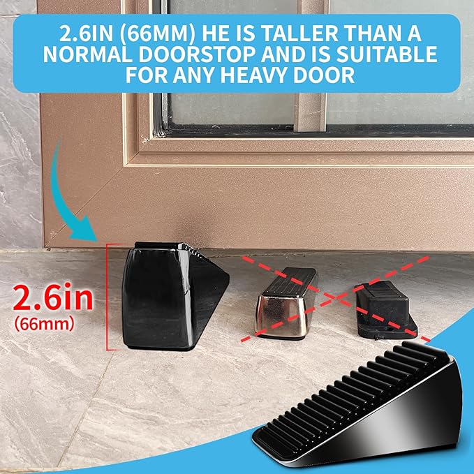 Heavy Duty Tall Door Stop Wedge - Large Door Stopper, Door Stoppers for Bottom of Door, Tall up to 2.6 in, Zinc Alloy and Silicone Made Suits Any Heavy Door Any Smooth Floor