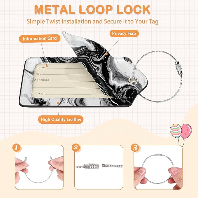 Abstract Line Art 3 Pack PU Leahter Luggage Tag with Stainless Steel Loop, Monochrome Marble Travel Suitcase Labels with Privacy Cover ID Label Quickly Spot for Bags