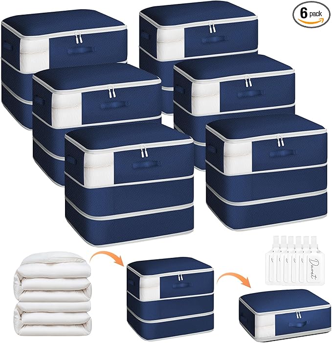 6 Pack Compression Storage Bags - 110L Large Capacity Comforter Storage Bag, 3-Layer Washable Ultra Space Saving Self Compression Organizer Space Bags for Blankets, Sweater, Sheet, Navy Blue