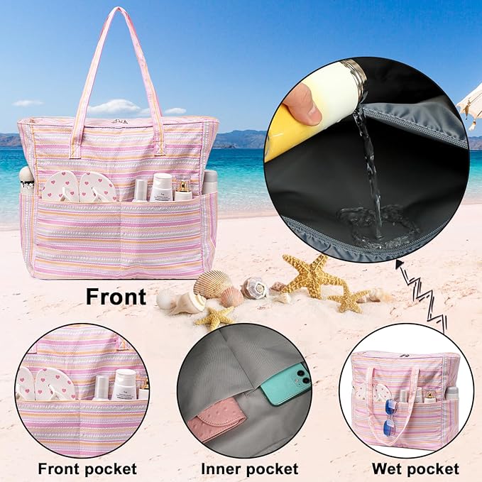 Waterproof Beach Tote Pool Bags for Women Ladies Extra Large Gym Tote Carry On Bag With Wet Compartment for Weekender Travel
