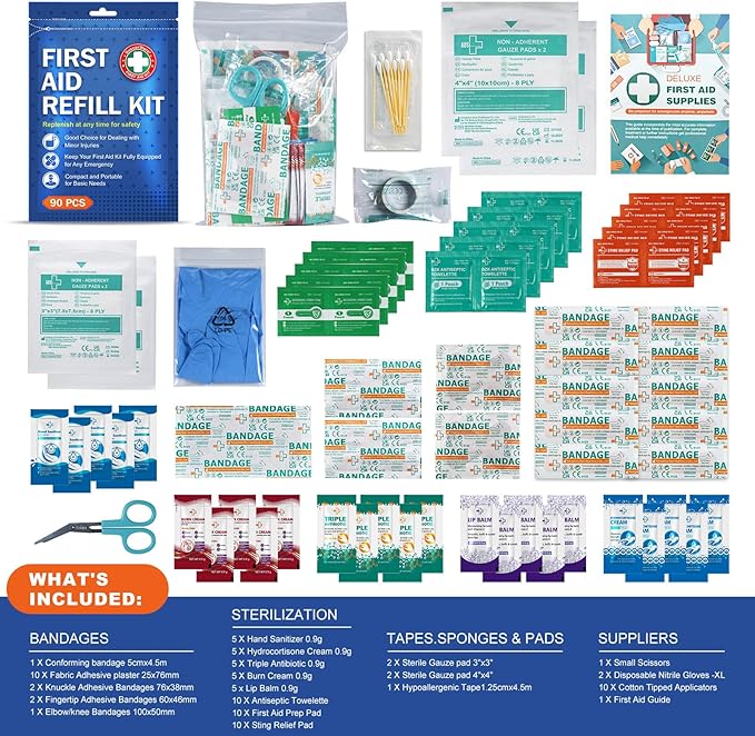 90 Pieces First Aid Refill Kit - Wound Care Kit Includes Bandages for Home, Travel, Hiking - Portable Replacement Kit for First Aid Medical Supplies（1 Set）