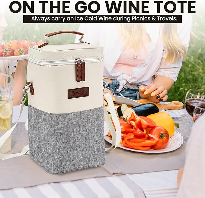 Insulated Wine Bag Cooler – Beige and Gray, Holds 4 Bottles, Wine Opener, Shoulder Strap, Expandable Zipper, 7.8 x 5 x 15 inches, Perfect for Travel & Picnic