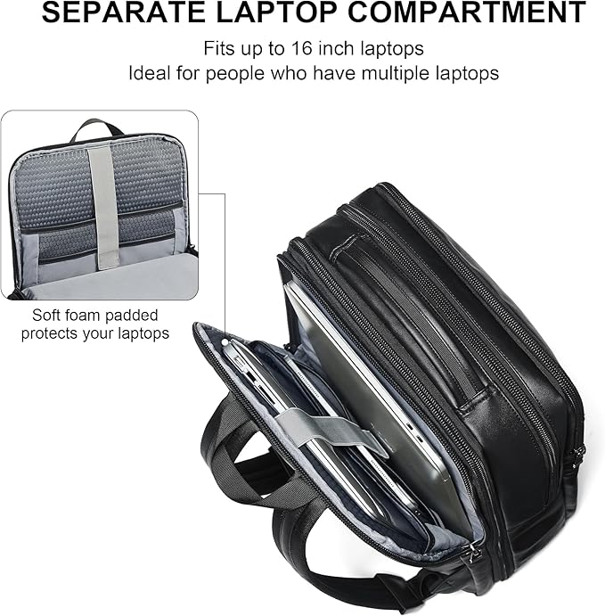 Vegan Leather Laptop Backpack for Women&Men,16 Inch Expandable Backpack with USB Charging Port,Two-toned Black