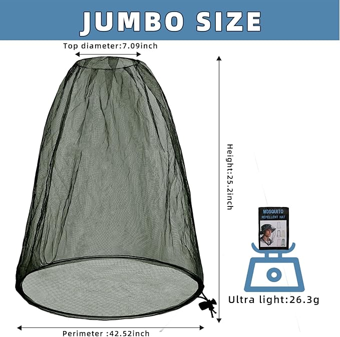 Oversized Mosquito Net 42 x 25 Inches Ultra Large Mosquito Head Net Face Neck Fly Mesh Netting Fits All Hats for Outdoor Camping Hiking Fishing Gardening Safari(Army Green)