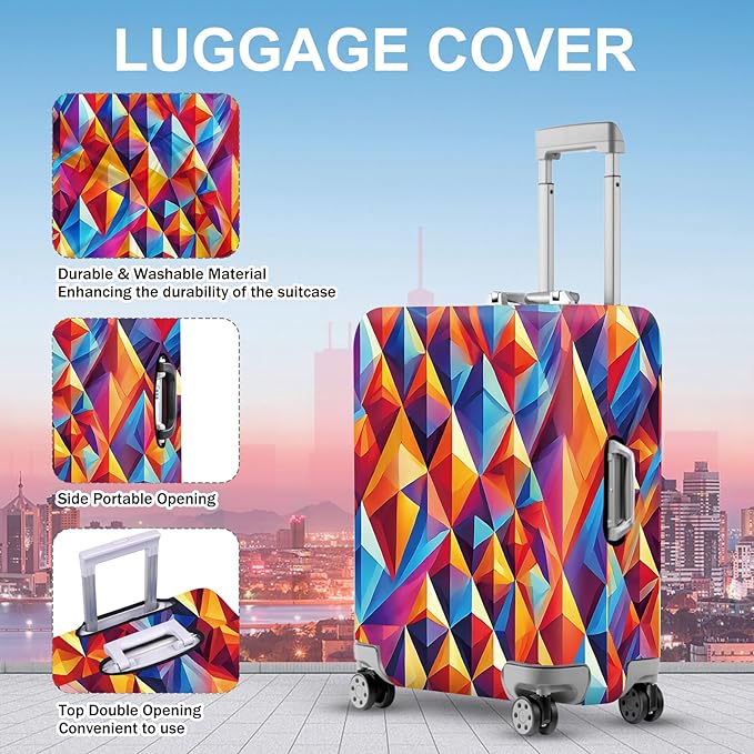 ANNA QUEEN Colorful Geometric Luggage Cover, Abstract Prism Pattern Suitcase Protector, Stretchable, Washable Travel Cover for 28-30 Inch Luggage, Bright, Durable & Eye-Catching