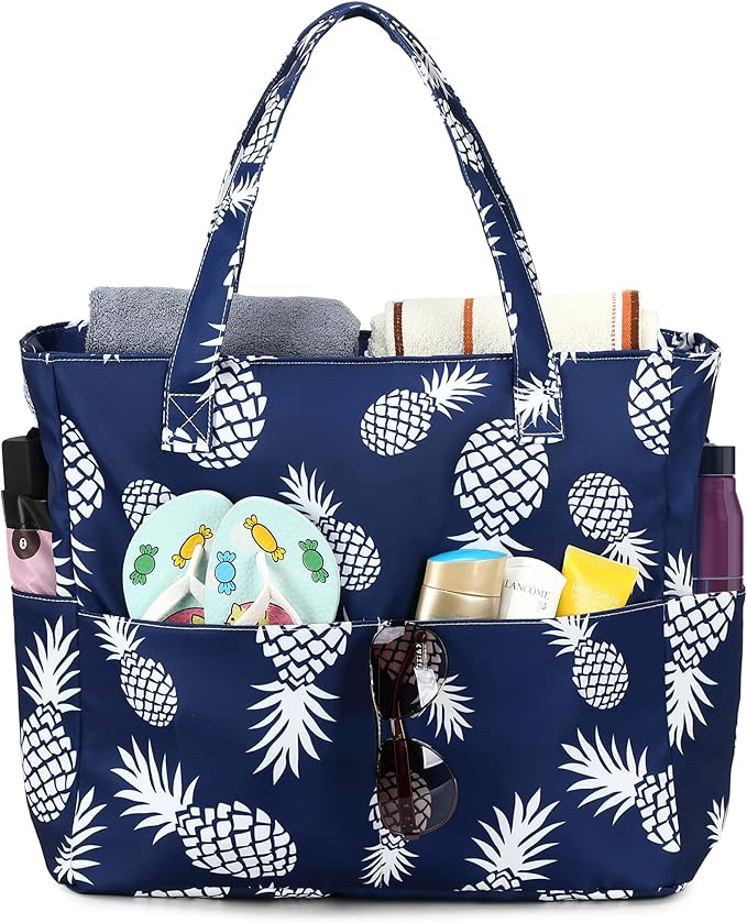 LEDAOU Large Beach Tote Bag Women Waterproof Sandproof Zipper Beach Tote Bag for Pool Gym Grocery Travel with Wet Pocket