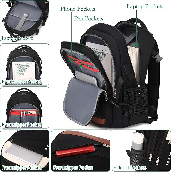 FENGDONG 17.3 inch Large Laptop Backpack Travel College Backpack Waterproof Bookbag for Men & Women Business Backpack with USB Charging Port and Headset Port Black White