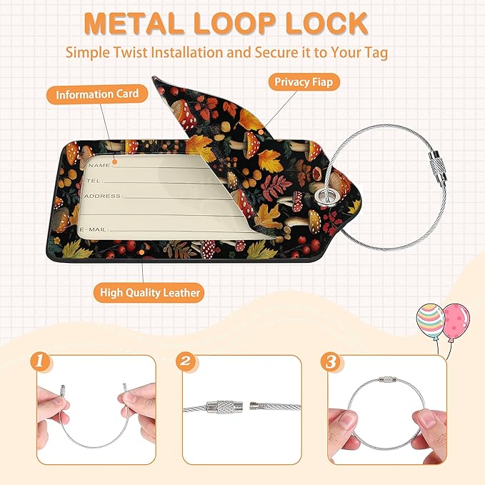 Psychedelic Mushrooms, Butterflies, Insectsts 3 Pack PU Leahter Luggage Tag with Stainless Steel Loop, Travel Suitcase Labels with Privacy Cover ID Label Quickly Spot for Bags