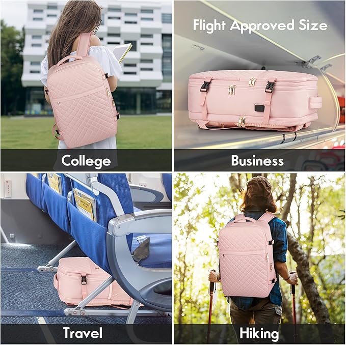 MOMUVO Large Travel Backpack Women, Flight Approved Carry On Backpack, Water Resistant Anti-Theft Large Casual Daypack Fit 17 Inch Laptop with USB Charging Port, Pink