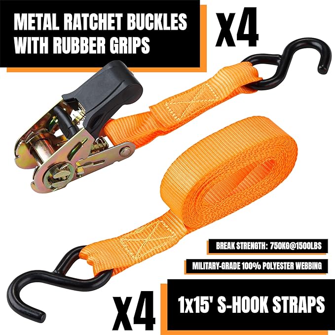 Cartman 1" x 15' Ratchet Tie Down up to 1500lbs 4pk in Carry Bag, with 18" Soft Loop Tie-Down Straps & 32" Bungee Cord
