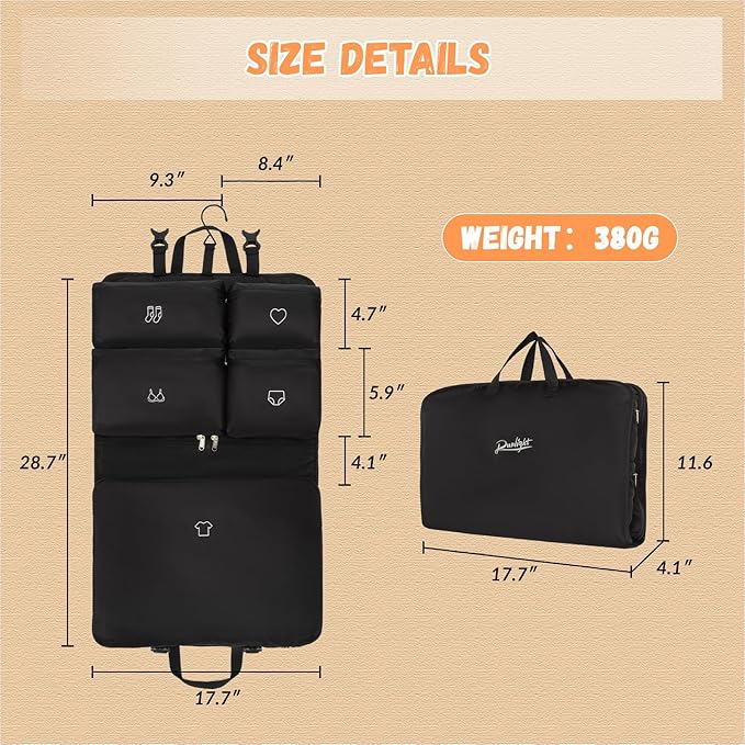Hanging Packing Cubes,Garment Bags for Travel and Storage, Travel Apparel Bags for Men Women with 5 Solid Color Pockets, Storage Bags for Clothes, Socks,Underwear for Carry on Suitcase (Black)