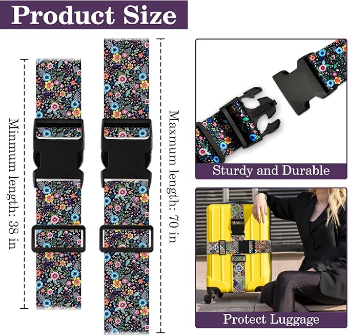 Luggage Straps for Suitcases TSA Approved, Luggage Identifiers for Suitcase, Adjustable Suitcase Strap for Baggage Security with Cute Patten, Travel Necessary Accessories 2Pack (Color Retro)