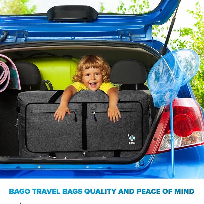 Bago Big XXL Foldable Duffel Bags for Traveling Women & Men - 140L Packable Duffle Bag for Travel with Shoe Compartment - Water Repellant, Heavy Duty, Lightweight Folding & Collapsible (SnowBlack)
