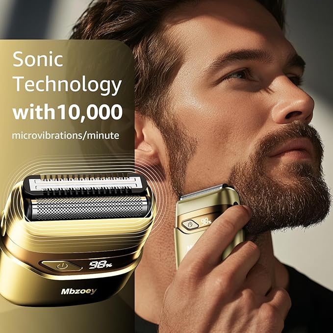 Electric Foil Shavers for Men, Mini Electric Razor, Compact Face Shaver, IPX7 Waterproof Wet Dry Cordless Razor, LED Display, USB-C, Travel-Friendly, Light Gold