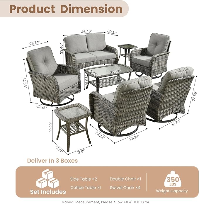 HOOOWOOO Patio Furniture Set,8 Pieces Outdoor Conversation Set,All Weather Wicker Loveseat Sofa Set with High Back Swivel Rocking Chairs Tables,Dark Gray