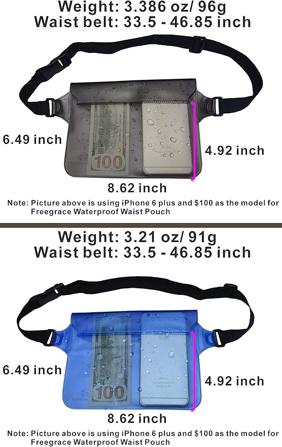 Freegrace Waterproof Pouches with Waist Strap / Pouch Case Bundle Set- Keep Your Phone & Valuables Dry and Safe - Waterproof Dry Bags for Boating Swimming Snorkeling Kayaking Beach Water Parks Pool