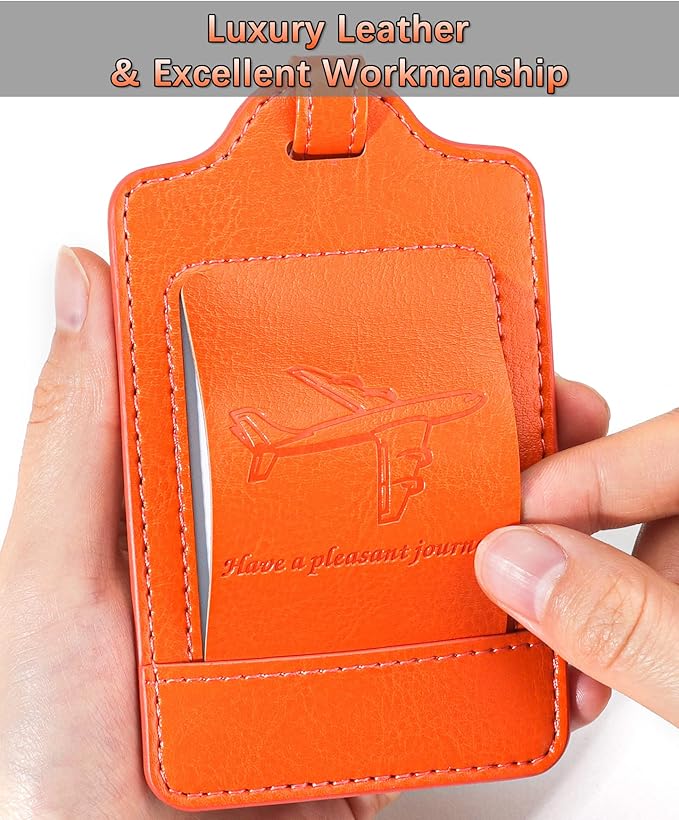 Teskyer Luggage Tags, 3 Pack Premium PU Leather Luggage Tags for Suitcases, Privacy Protection Travel Bag Tags, Orange