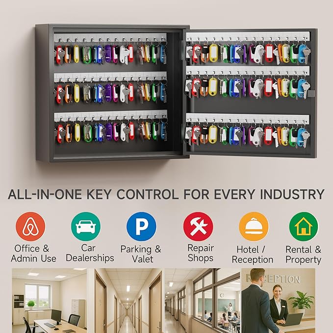 WeHere Key Lock Box for 90 Keys, Wall Mount Key Cabinet with Color Key Tags, Steel Key Storage Box with Lock, Key Holder Organizer for Home, Office, Apartment, Property Management